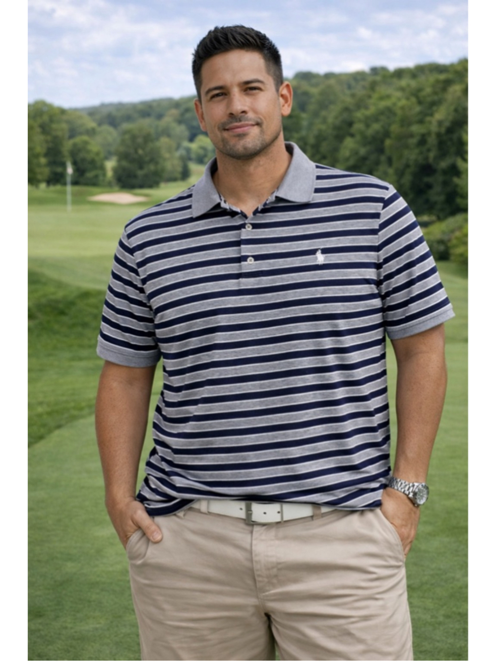 Men's Polo Ralph Lauren Polo M Navy Gray Striped Classic Fit Summer